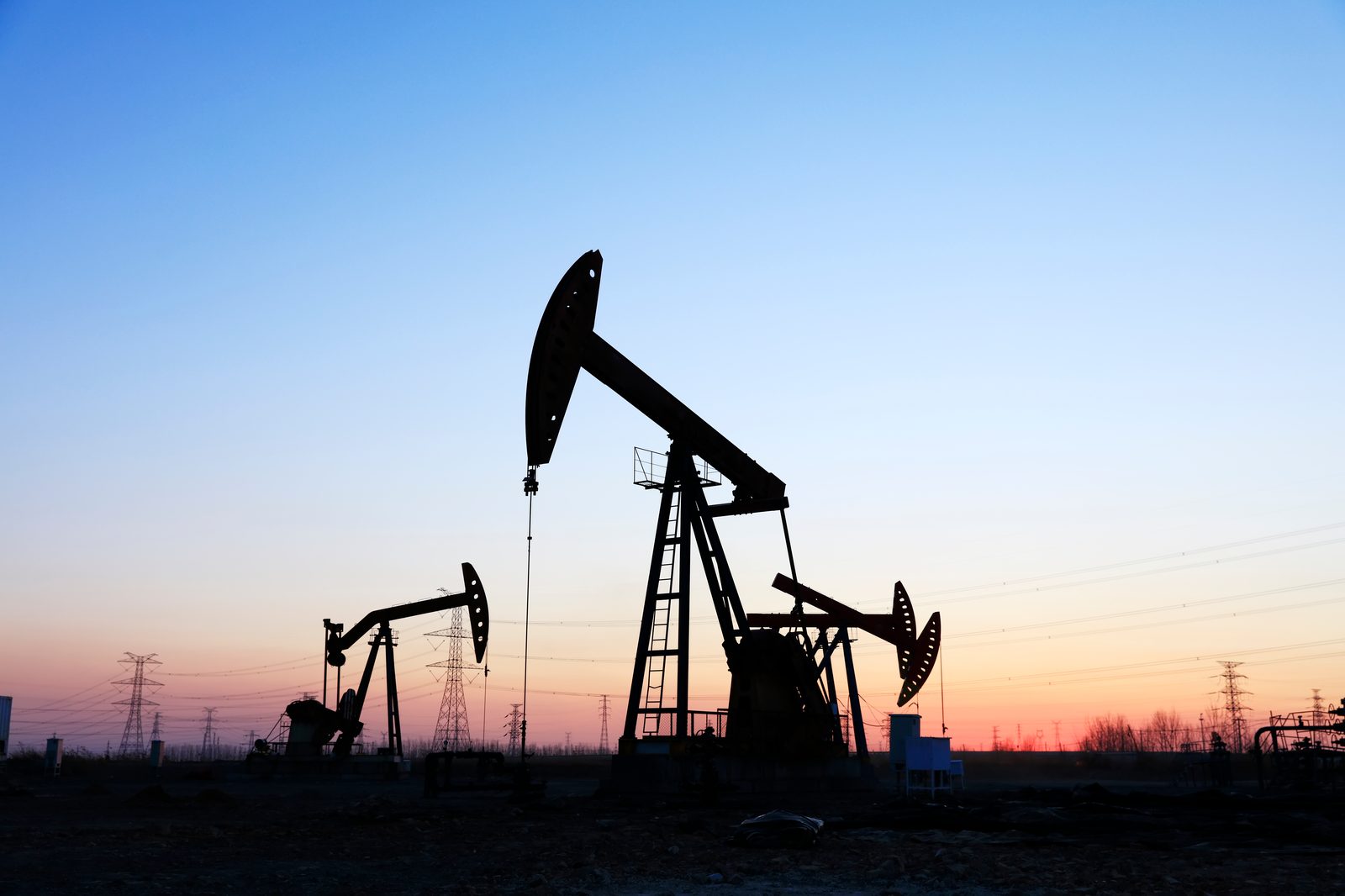 Oil pump jacks at sunset